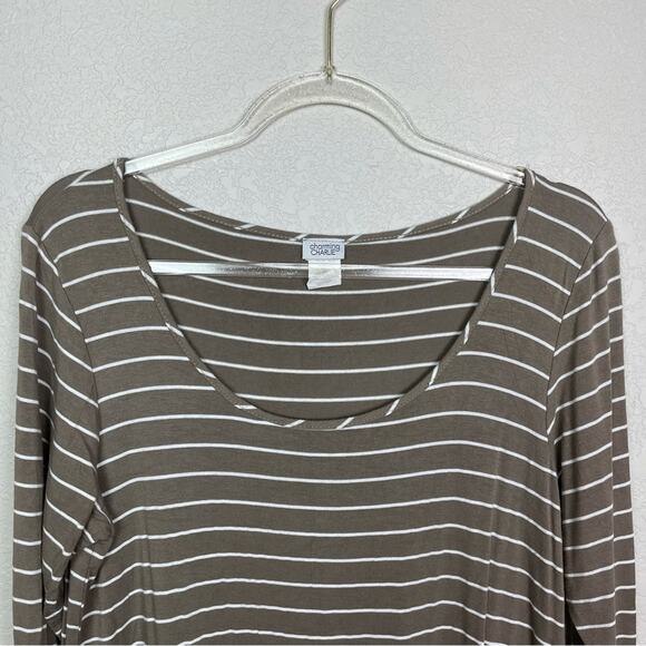 CHARMING CHARIE Taupe & White Striped Scoopneck Top Size L - Picture 2 of 7